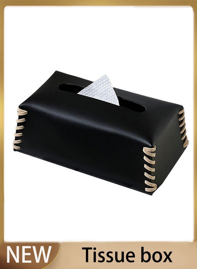 صندوق مناديل جلدي لغرفة المعيشة بتصميم منسوج وطاولة قهوة وزينة لسطح المكتب (أسود) - Image 1