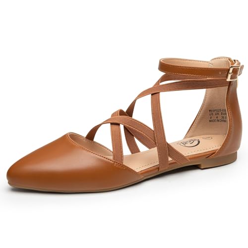 Trary Brown Flats for Women, Mary Jane Shoes Women Ballet Flats with Zipper, Comfortable Pointed Toe Shoes Ankle Straps Dressy PU Leather Mary Janes Size 8 - Image 1