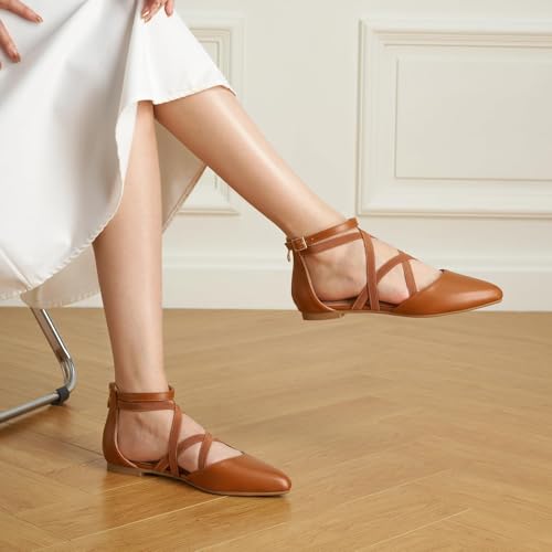 Trary Brown Flats for Women, Mary Jane Shoes Women Ballet Flats with Zipper, Comfortable Pointed Toe Shoes Ankle Straps Dressy PU Leather Mary Janes Size 8 - Image 2