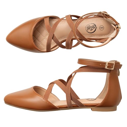 Trary Brown Flats for Women, Mary Jane Shoes Women Ballet Flats with Zipper, Comfortable Pointed Toe Shoes Ankle Straps Dressy PU Leather Mary Janes Size 8 - Image 3