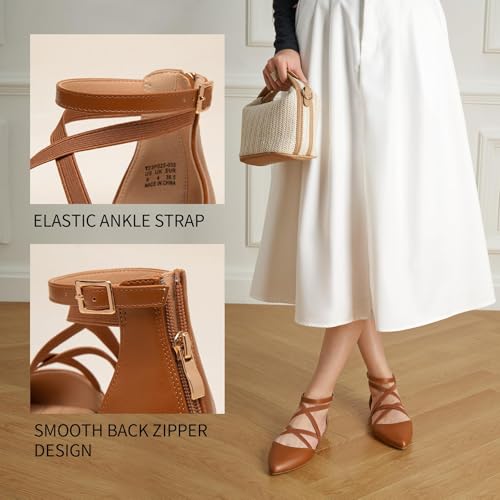 Trary Brown Flats for Women, Mary Jane Shoes Women Ballet Flats with Zipper, Comfortable Pointed Toe Shoes Ankle Straps Dressy PU Leather Mary Janes Size 8 - Image 4