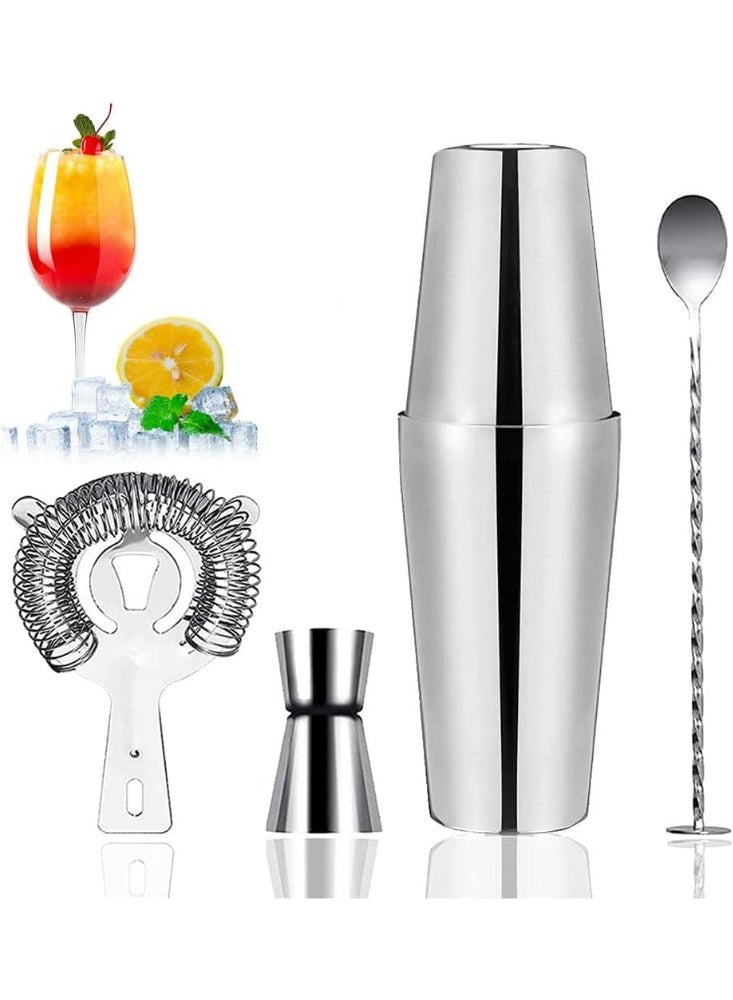 Stainless Steel Cocktail Shaker Bottle Set, Boston Shaker Accessories Set with 750ml  Cups, Jigger and Strainer, Home Bar Mixing Kit, 4 Pieces - Image 1