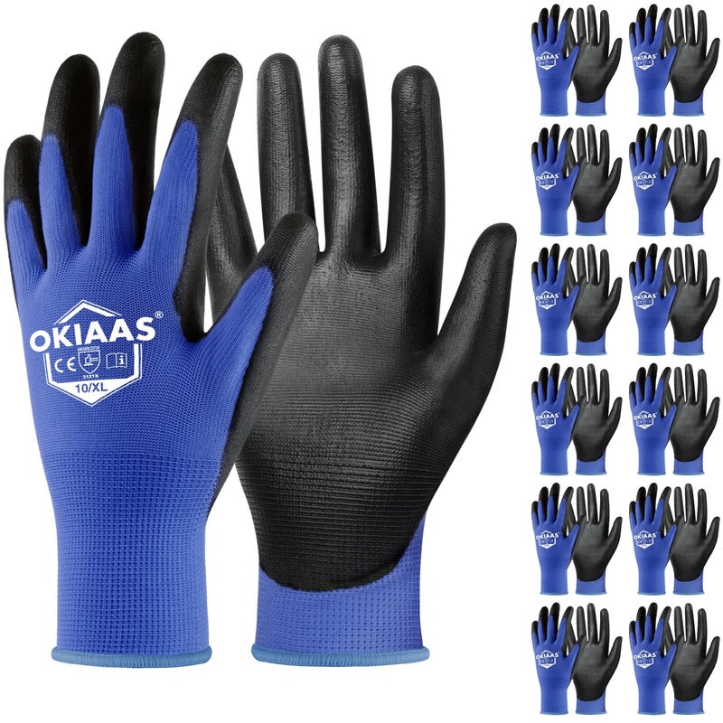 Okiaas Work Gloves For Men Ultra Thin And Lightweight Working Gloves With Grip  12 Pairs Bulk Pack Construction Gloves With Polyurethane Coating  Safety Gloves For Light Duty Work (Blue  X-Large) - Image 1