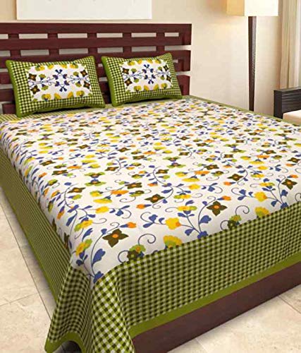 BedZone 100% Cotton Rajasthani Jaipuri Traditional King Size Double Bed Bedsheet with 2 Pillow Covers - Multi
