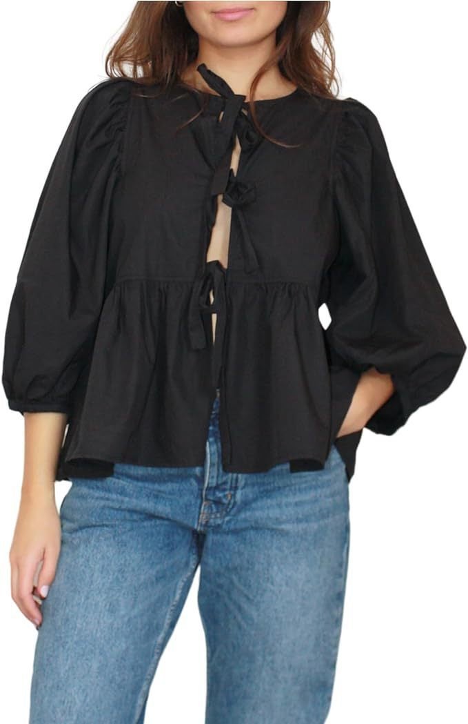 Women Tie Front Tops Leopard Printed Ruffle Babydoll Tops 3/4 Length Puff Sleeve black