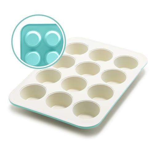 GreenLife 12-Cup Muffin Pan, Healthy Ceramic Nonstick Bakeware, PFOA & PFAS-Free Cupcake Tray, Durable Baking Pan, Versatile Kitchen Essential, Easy Clean Muffin Mold, Nonstick Baking Sheet, Turquoise - Image 1