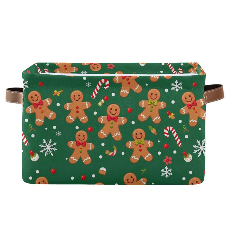 Wamika Christmas Gingerbread Man Storage Basket with Waterproof Liner and PU Handles Green Winter Cane Candy Snowflake Storage Boxes 142 Collapsible Decorative Organizer Baskets for Bedroom Closet 1 Pack - Image 2