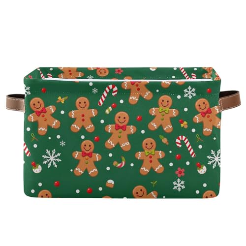 Wamika Christmas Gingerbread Man Storage Basket with Waterproof Liner and PU Handles Green Winter Cane Candy Snowflake Storage Boxes 142 Collapsible Decorative Organizer Baskets for Bedroom Closet 1 Pack - Image 1