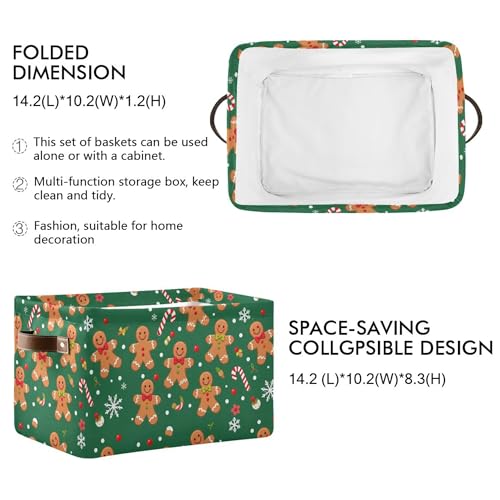 Wamika Christmas Gingerbread Man Storage Basket with Waterproof Liner and PU Handles Green Winter Cane Candy Snowflake Storage Boxes 142 Collapsible Decorative Organizer Baskets for Bedroom Closet 1 Pack - Image 3