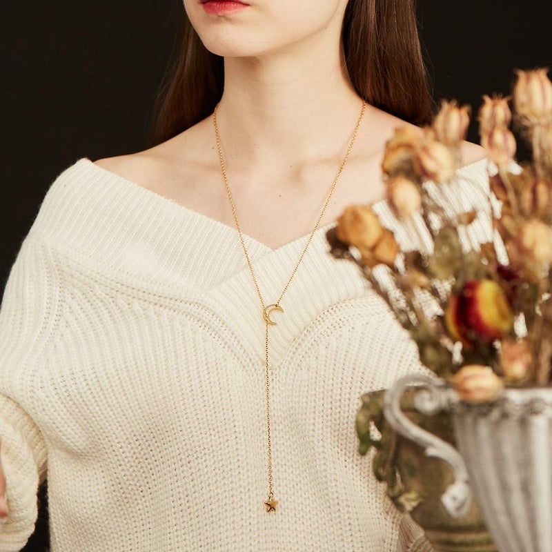 FOCALOOK Lariat Y-Necklaces | Long Necklaces for Women | Long Black Necklaces | Gold Necklaces for Women | Drop Heart Necklaces for Women | Front Adjustable Long Chain Necklace - Image 1