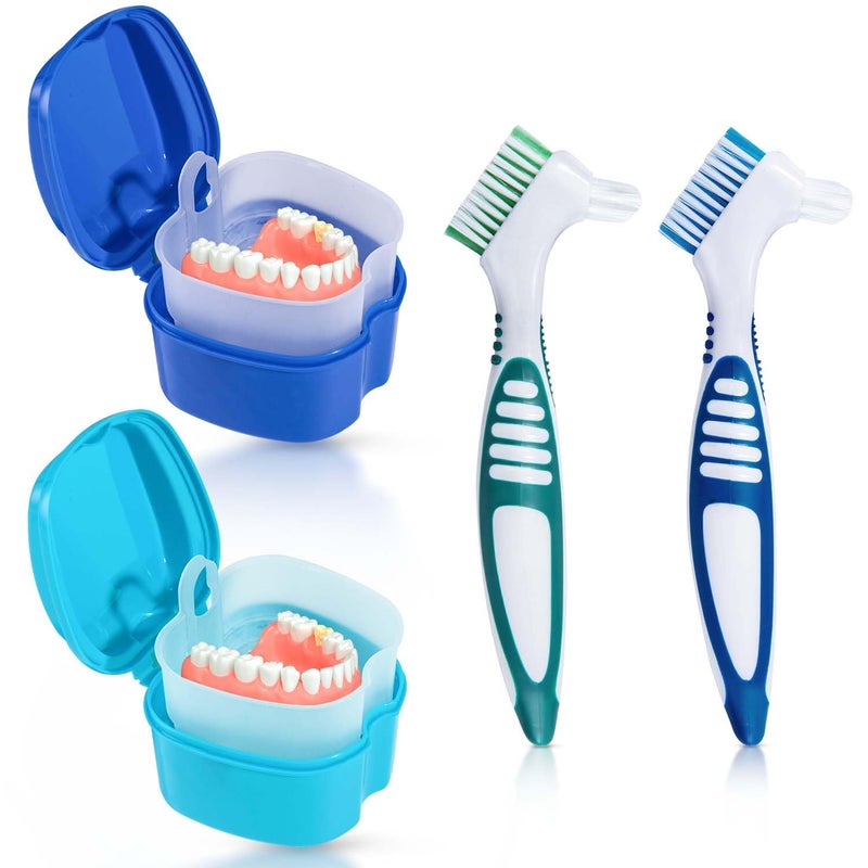 KISEER KISEER 2 Pack Denture Bath Case Cup Box Holder Storage Container with Denture Cleaner Brush Strainer Basket for Travel Cleaning Light Blue and Blue
