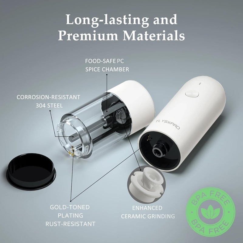 TLYSXPRO Electric Salt and Pepper Grinder Set, USB Rechargeable, Automatic Salt and Pepper Mill Grinder with Adjustable Coarseness, Electric Salt Shakers, LED Light, Refillable (2 Packs, White) - Image 2