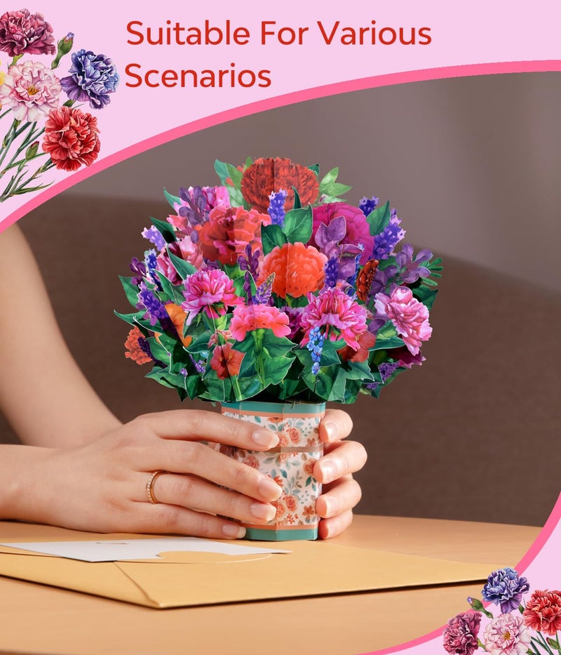 Magic Ants Colorful Floral 3D Pop Up Card Spring Greeting for Mother’s Day Easter Birthday Anniversary Get Well Thinking of You, Carnation Bouquet for Mom Grandma Wife Sister Aunt with Envelope and Note Card - Image 2