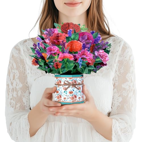 Magic Ants Colorful Floral 3D Pop Up Card Spring Greeting for Mother’s Day Easter Birthday Anniversary Get Well Thinking of You, Carnation Bouquet for Mom Grandma Wife Sister Aunt with Envelope and Note Card - Image 1