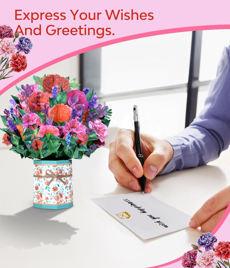 Magic Ants Colorful Floral 3D Pop Up Card Spring Greeting for Mother’s Day Easter Birthday Anniversary Get Well Thinking of You, Carnation Bouquet for Mom Grandma Wife Sister Aunt with Envelope and Note Card - Image 5