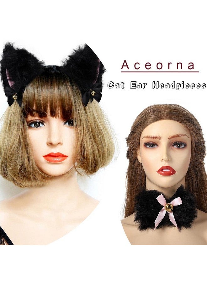 أسورنا عصابة رأس من Aceorna على شكل أذن قطة مع جرس من الدانتيل وعصابة رأس من القطيفة والفرو على شكل أذن نيكو مع قلادات لطيفة على شكل فيونكة إكسسوار تنكري إكسسوارات شعر مع قلادة للنساء والفتيات (مجموعة أ) - Image 4