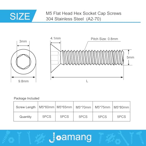 Joamang M5 x 60mm 65mm 70mm 75mm 80mm Flat Head Hex Socket Cap Screws Countersunk Bolts, Stainless Steel 304, Metric Allen Hex Drive, Bright Finish, Fully Threaded, Assortment Kit 25PCS - Image 2