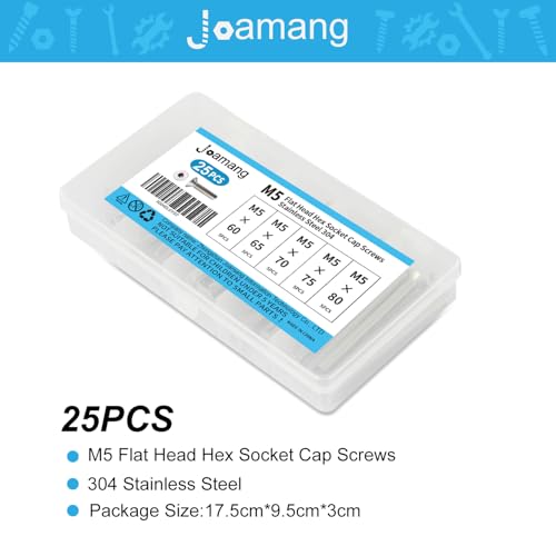 Joamang M5 x 60mm 65mm 70mm 75mm 80mm Flat Head Hex Socket Cap Screws Countersunk Bolts, Stainless Steel 304, Metric Allen Hex Drive, Bright Finish, Fully Threaded, Assortment Kit 25PCS - Image 4