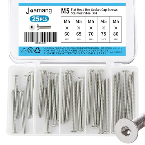 Joamang M5 x 60mm 65mm 70mm 75mm 80mm Flat Head Hex Socket Cap Screws Countersunk Bolts, Stainless Steel 304, Metric Allen Hex Drive, Bright Finish, Fully Threaded, Assortment Kit 25PCS - Image 1