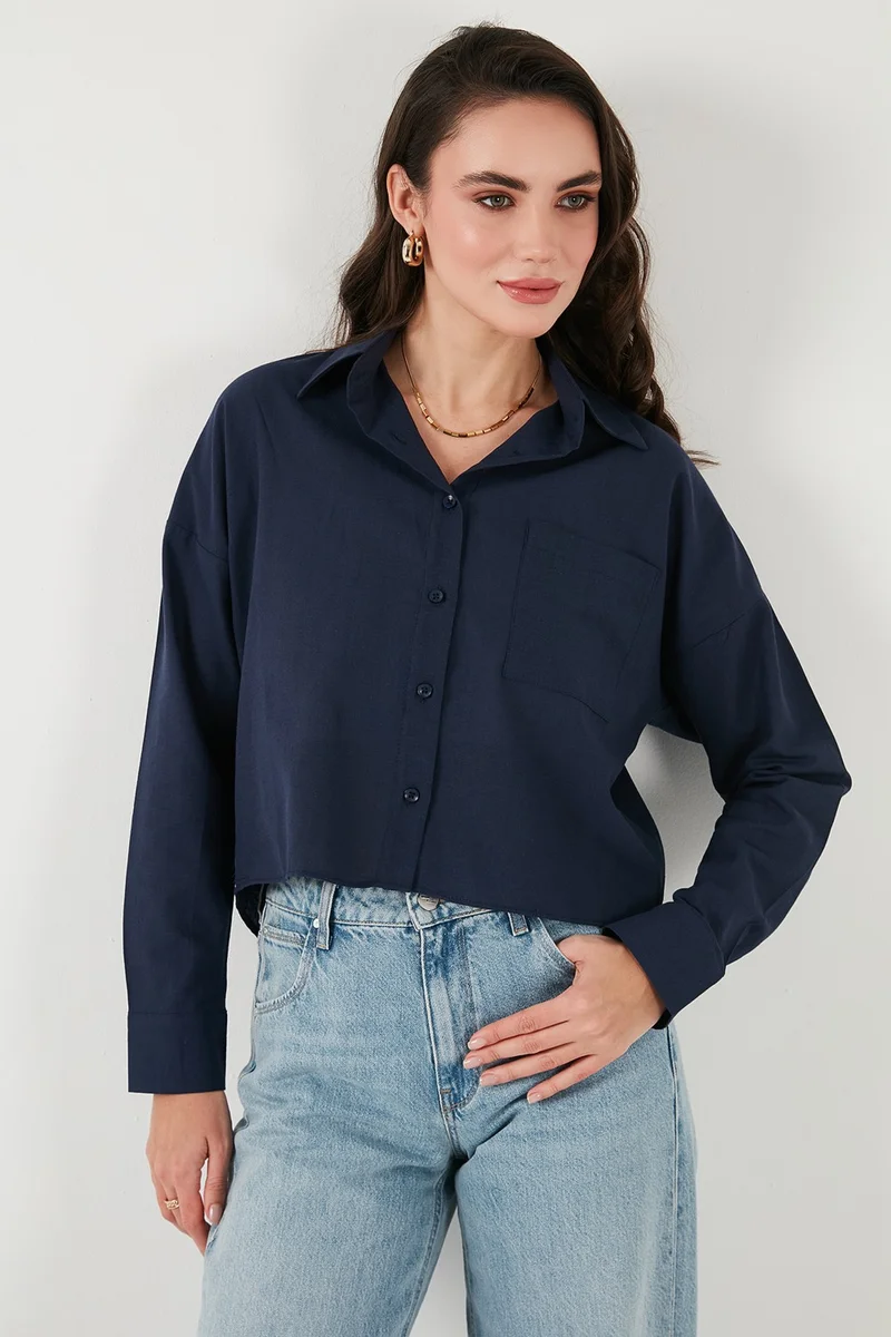 ليلا Cotton and Linen Blend Regular Fit Short Front Long Back Shirt Women's Shirt 6772867