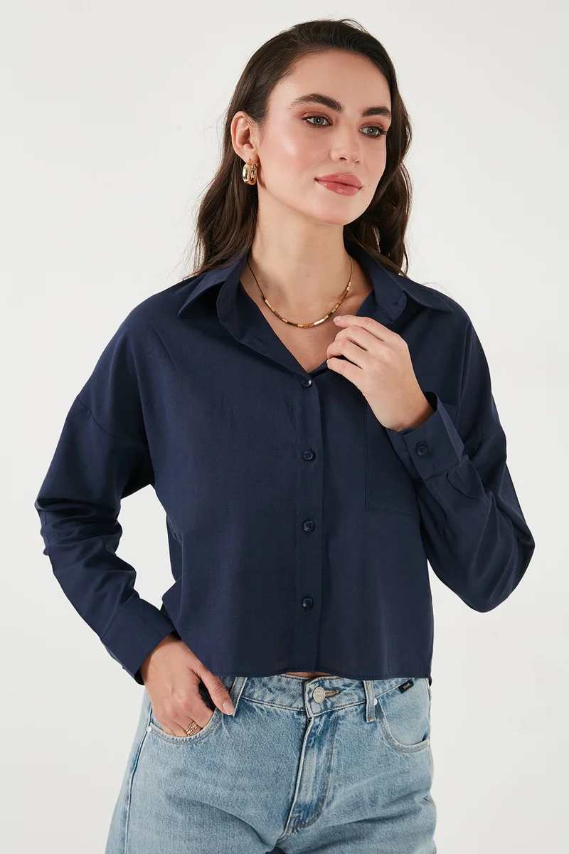ليلا Cotton and Linen Blend Regular Fit Short Front Long Back Shirt Women's Shirt 6772867