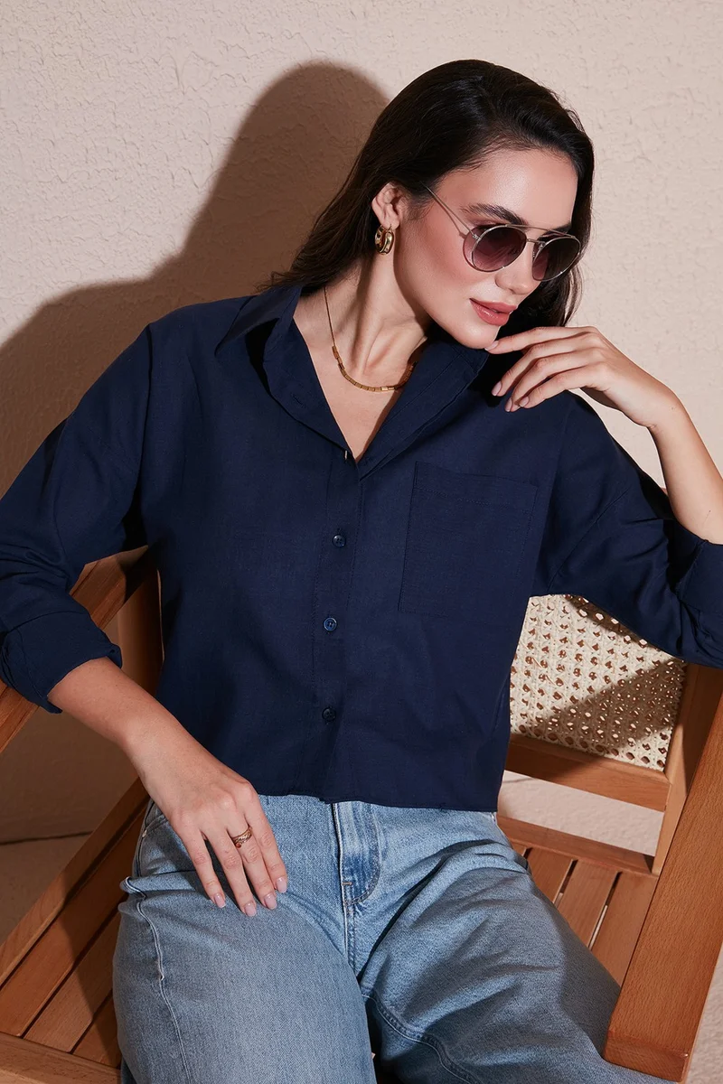 ليلا Cotton and Linen Blend Regular Fit Short Front Long Back Shirt Women's Shirt 6772867