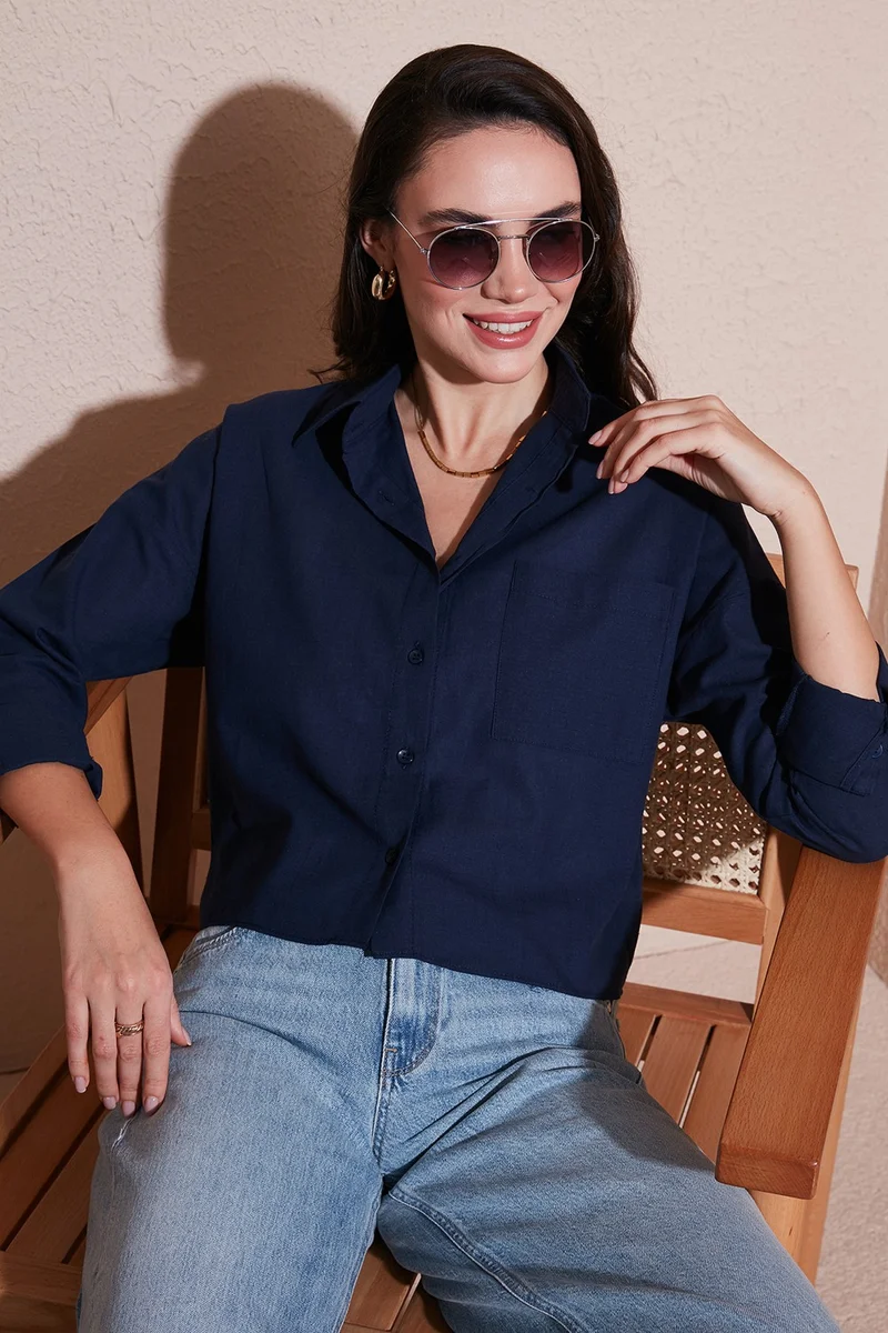 ليلا Cotton and Linen Blend Regular Fit Short Front Long Back Shirt Women's Shirt 6772867