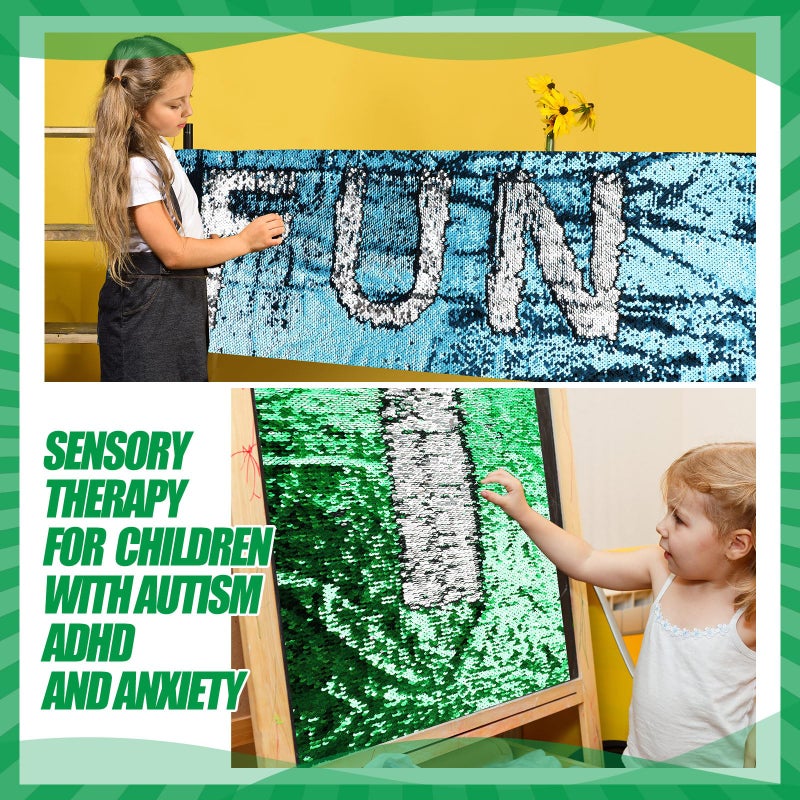 Irenare 3 Pcs Sensory Wall Sequin Flip Fabric for Kids 40 x 13 Inch Sensory Graffiti Reversible Sequin Fabric with 36 Pcs Hook and Loop Strips with Adhesive(Green, Dark Blue, Light Blue,3) - Image 3
