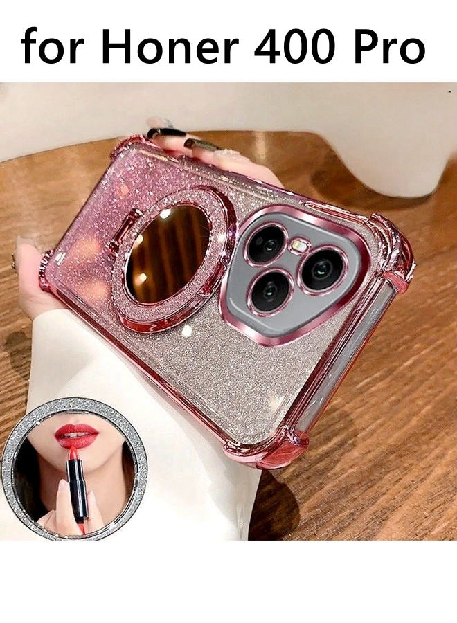 Magnetic Glitter Case for Honor 400 Pro ，Camera Lens Protector，Sparkly Stand，Makeup Mirror，Luxury Gradient Shockproof Honor 400 Pro Cover for Women Girls Gift，Pink - Image 1
