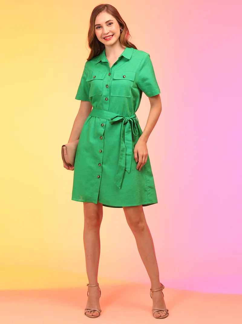 Women Green Belted Shirt Style Dress