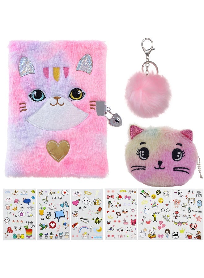 Adorable Plush Cat Diary Set with Lock, Matching Coin Purse, Pom-Pom Keychain & 6 Sheets of Cute Stickers for Girls