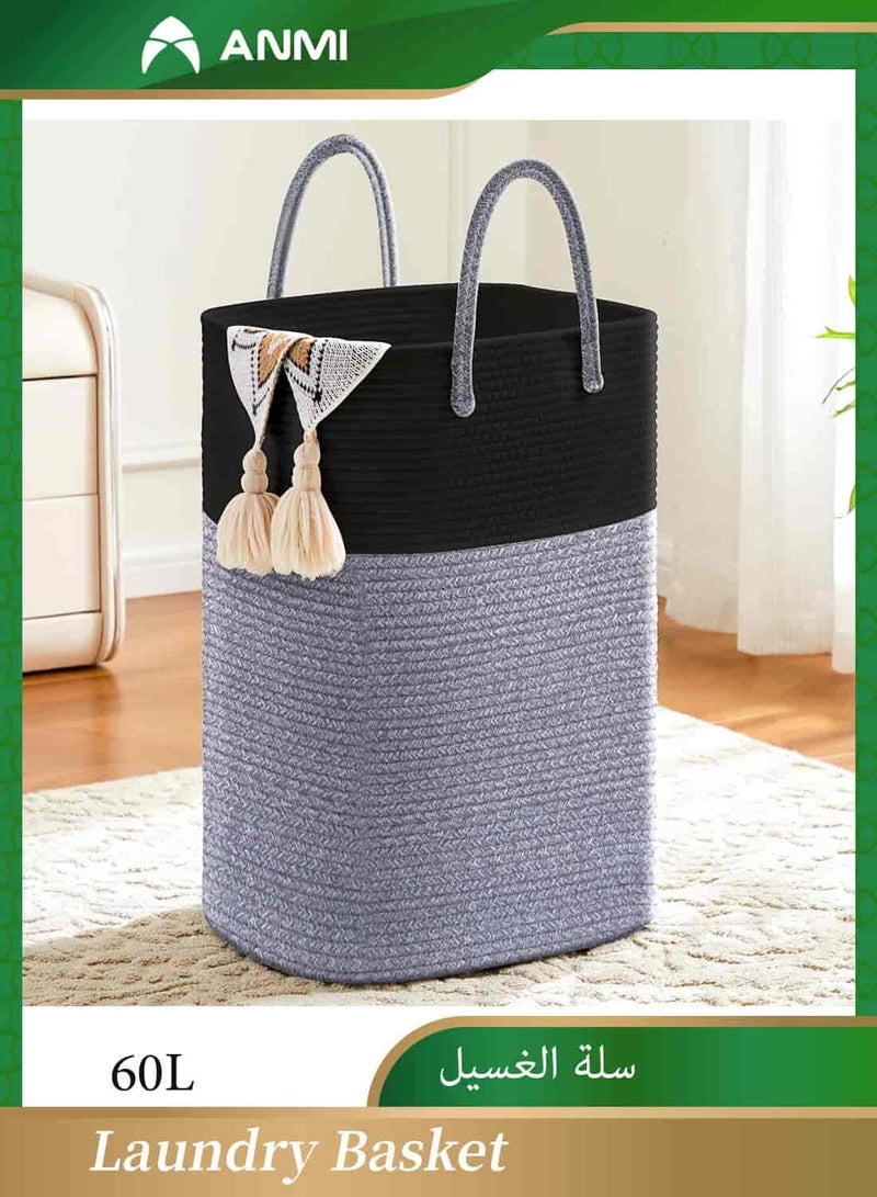أنمي سلة غسيل، سلة غسيل منسوجة بحبل قطني، سلة غسيل قطنية منسوجة، 60 لتر تخزين متعدد الاستخدامات للملابس المتسخة وألعاب الأطفال والبطانيات في الحمام والحضانة وغرفة المعيشة - Image 1