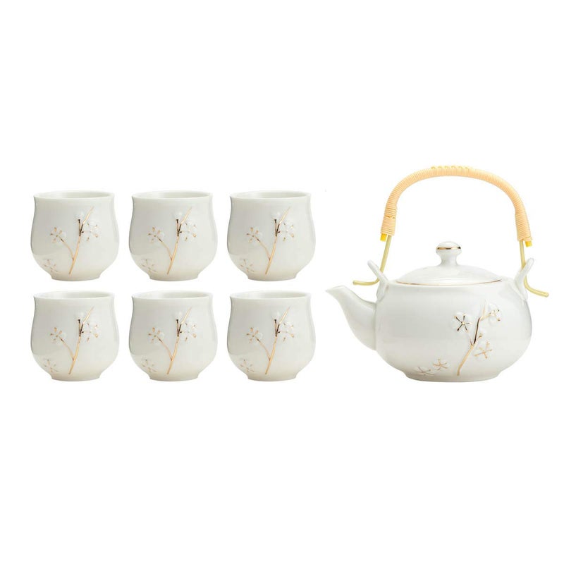 TJ Global ChineseJapanese White with Gold Accents Porcelain Tea Set 100 Handmade Traditional Tea Ceremony Set with Teapot and 6 Teacups