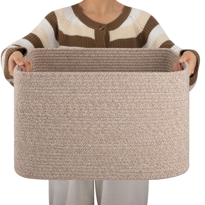 OIAHOMY Cotton Rope Basket, Rectangle Woven Nursery Blanket Basket, Toy Storage Basket with Handle, Baskets for Organizing, 18â€x14â€x12â€, Brown variegated - Image 1