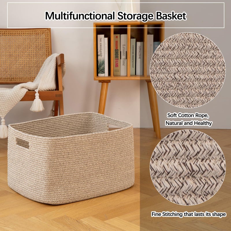 OIAHOMY Cotton Rope Basket, Rectangle Woven Nursery Blanket Basket, Toy Storage Basket with Handle, Baskets for Organizing, 18â€x14â€x12â€, Brown variegated - Image 4