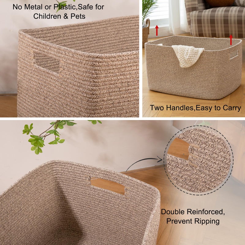 OIAHOMY Cotton Rope Basket, Rectangle Woven Nursery Blanket Basket, Toy Storage Basket with Handle, Baskets for Organizing, 18â€x14â€x12â€, Brown variegated - Image 5