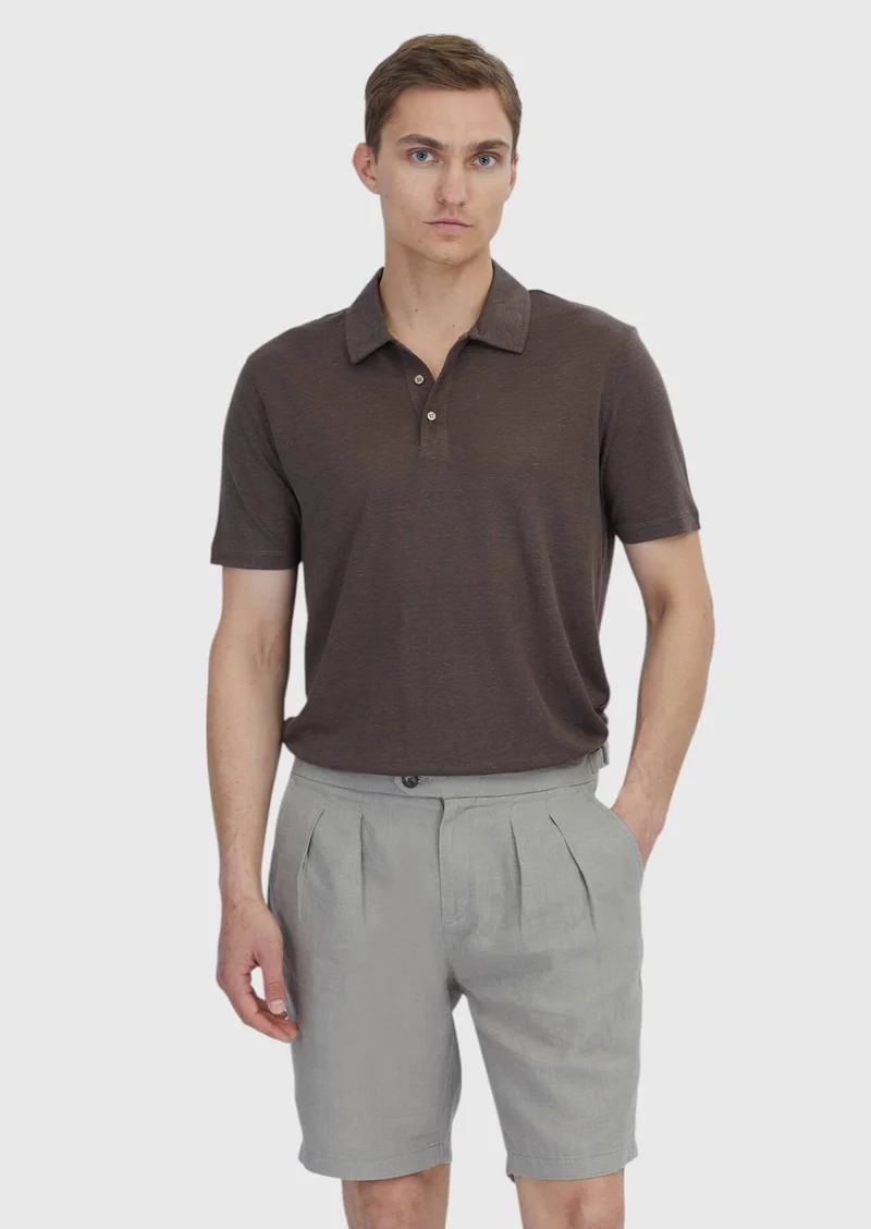 RAMSEY Brown Plain Polo Neck 100% Linen T-Shirt
