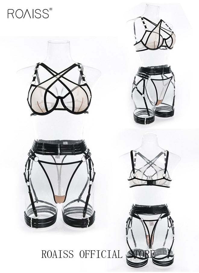 roaiss - Women Strappy Lingerie with Handcuffs Halter Neck Bandage Body Harness Costume Lingerie Set for Women Bodysuit for Ladies Wife Girlfriend - Image 1