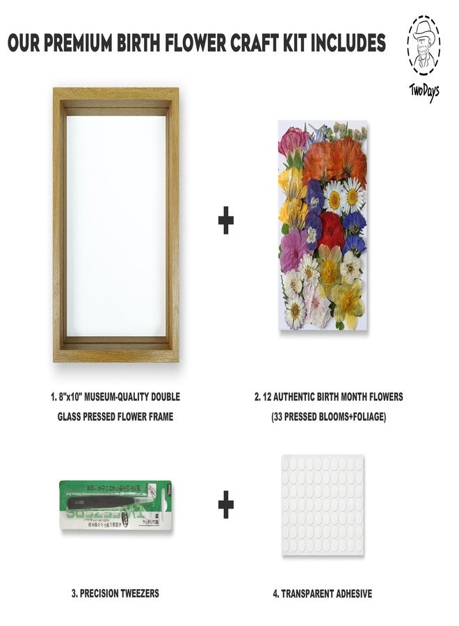 Twodays Birth Flower Mother’s Day Craft Kit for Mom/Grandma - 33 Real Pressed Flowers Art DIY Set, With 8x10 Double Glass Frame & Tools, Unique Handmade Birthday Christmas Gift from Daughter (Natural) - Image 5
