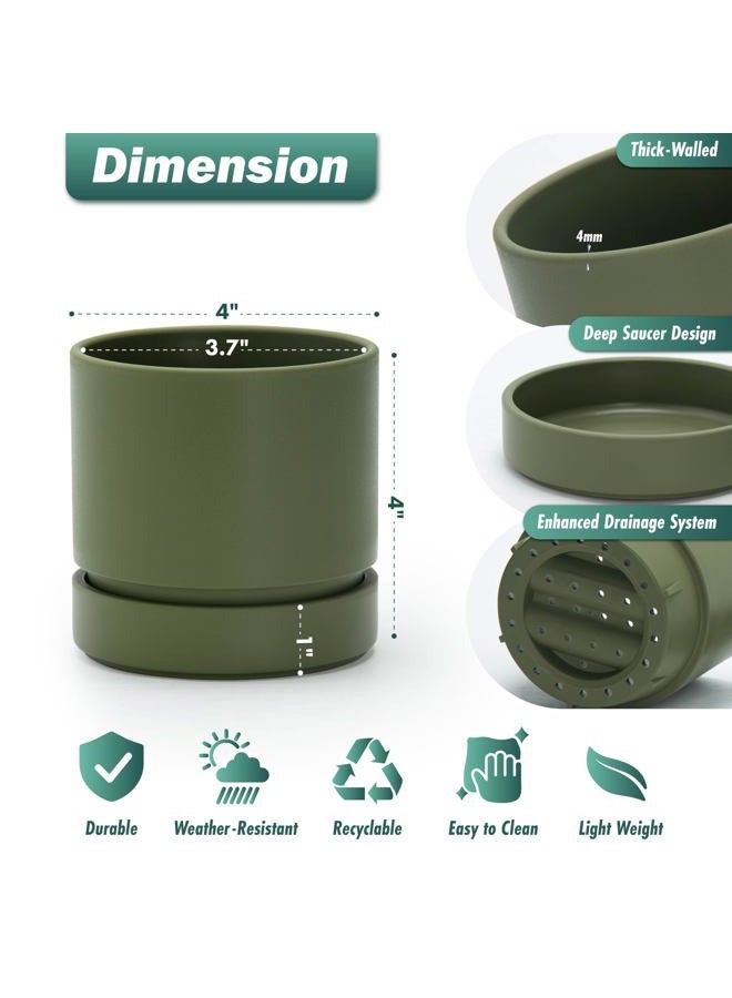 Phoenix Vine 4 Inch Planter Pot with Drainage Hole & Saucer, Deep Water Catch Tray, Straight Cylindrical Round Pot for Plants, Olive, Pack of 1, 23-F-R-1 - Image 3