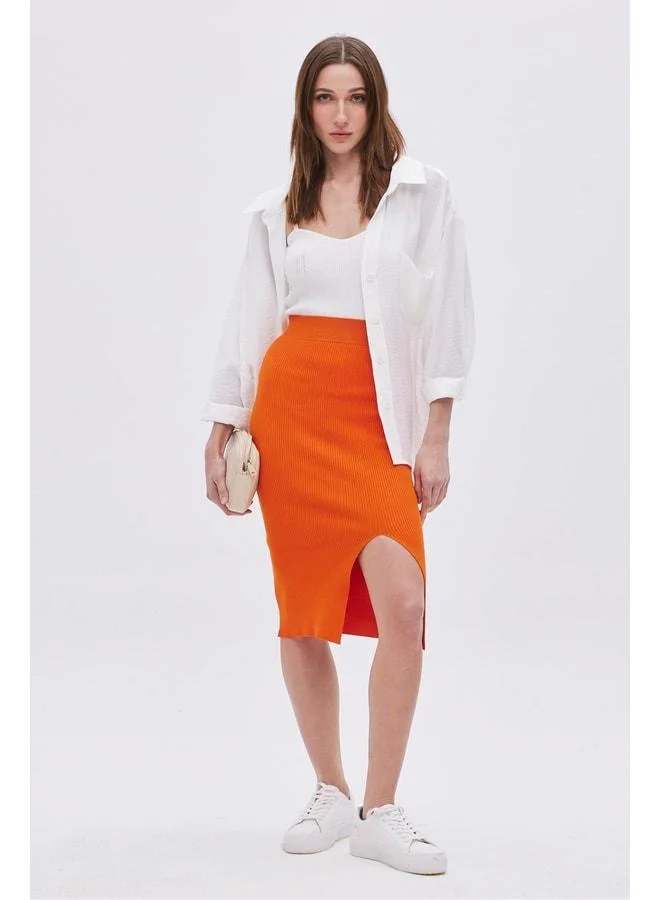 Sherin Orange Slit Midi Knit Skirt.