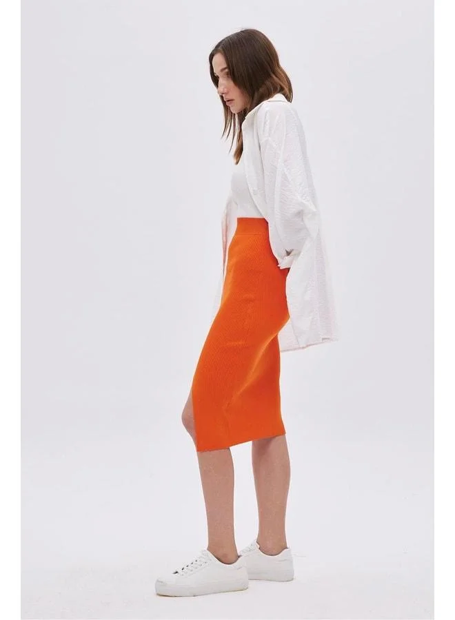Sherin Orange Slit Midi Knit Skirt.