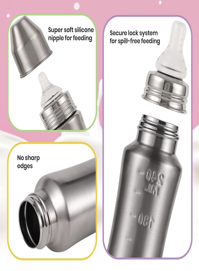Nuluv Nourish+ Stainless Steel Feeding Bottle, Food Grade 304 SS, Anti-Colic Silicone Nipple,Plastic Free and Leak-Resistant Baby Bottle, for Babies 0+ Months, Easy to Clean, 240ml, BIS Certified - Image 2