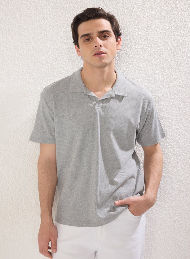 trendyol Gray Regular/Normal Cut Textured Basic Polo Neck T-Shirt - Image 3