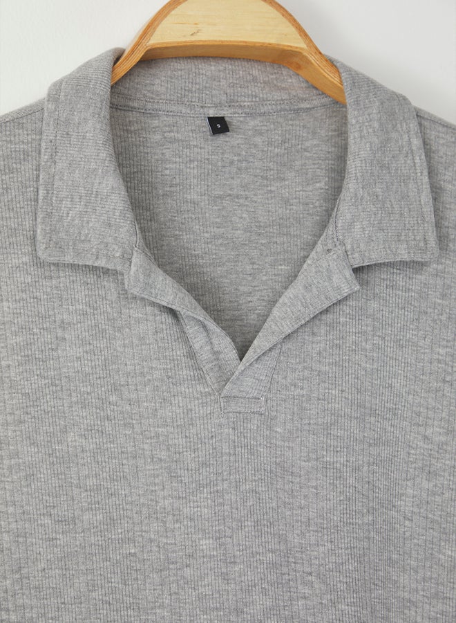 trendyol Gray Regular/Normal Cut Textured Basic Polo Neck T-Shirt - Image 4