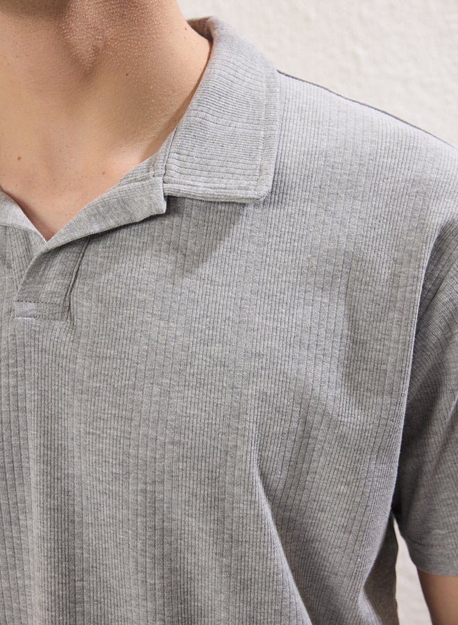 trendyol Gray Regular/Normal Cut Textured Basic Polo Neck T-Shirt - Image 5