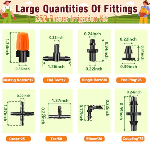 WZFLRUA 250-Piece Drip Irrigation Fittings Kit for 1/4" Tubing, Complete Set of Barbed Connectors for Drip System Setup (Nozzles, Nozzle Tees, Single Barbs, Couplings, Tees, Elbows, Plugs, Crosses) - Image 2
