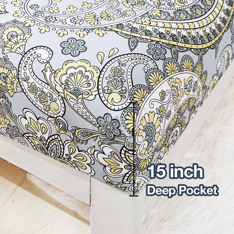 جي اس دي jsd paisley sheet set cal king 4 قطعة رجعية نمط الألياف الدقيقة جيب عميق - Image 3