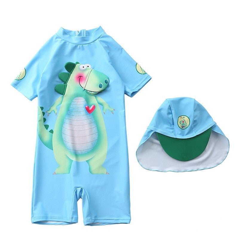 One-Piece Swimsuit for Boys, Toddlers, Infants, Boys'' Swimwear, Baby Boy Swimsuit, Dinosaur Element, Short-Sleeved Casual - Image 1