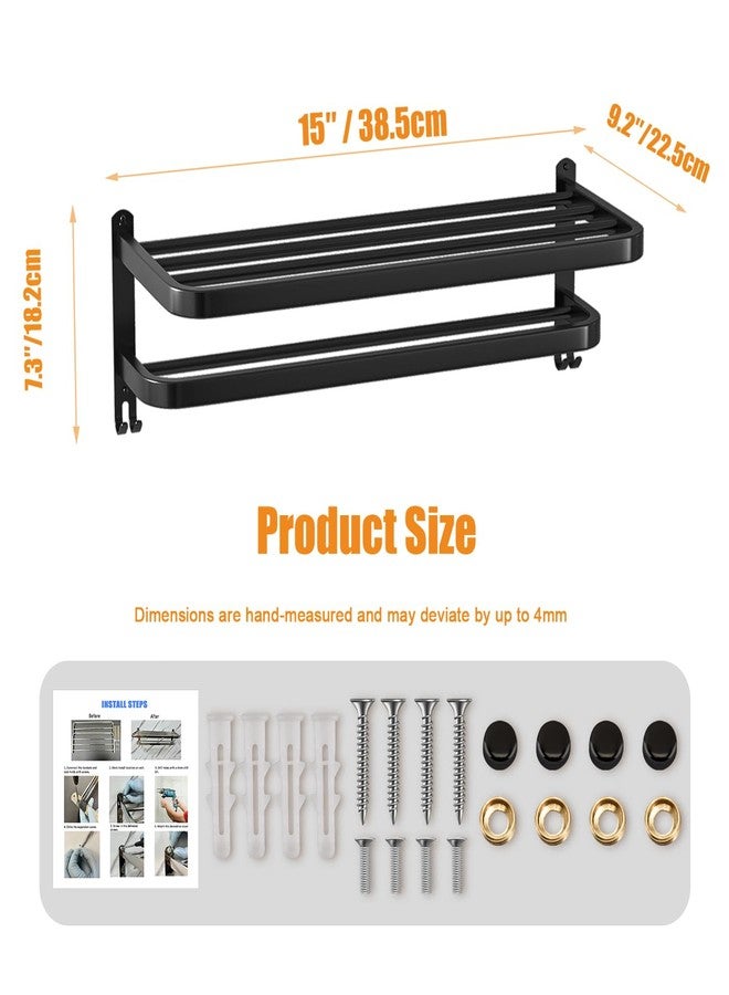 DDS-DUDES 15 Inch Black Towel Racks for Bathroom Towel Shelf with Double Towel Bars Lavatory Wall Mount Holder with Hooks Stainless Steel Hotel Bath Rack (Matte Black) - Image 2